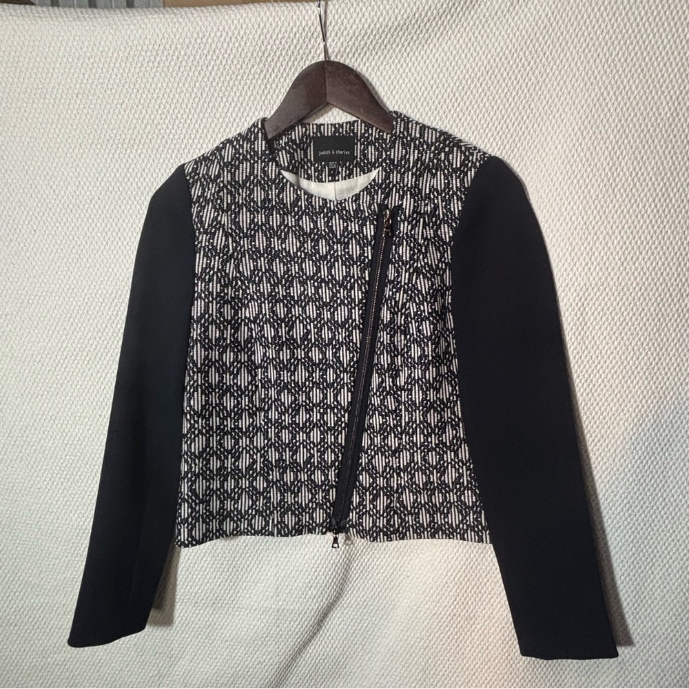 JUDITH & CHARLES Sz 4 Moto Style Contrasting Sleeves Tweed Blazer Jacket Lined